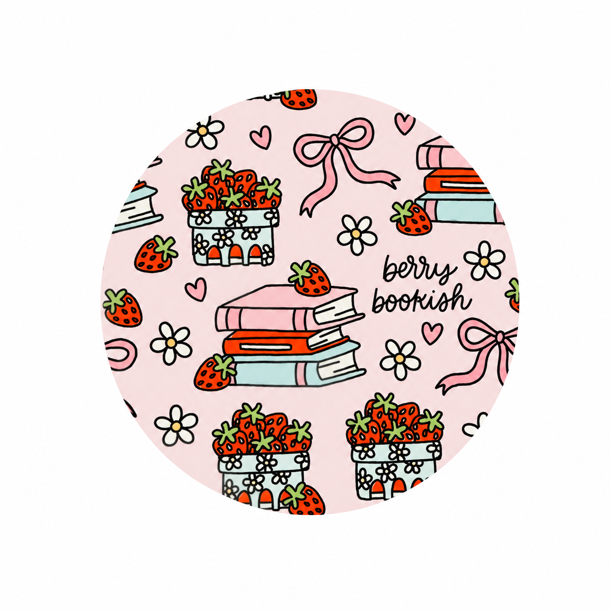Berry Bookish hard board add-on featuring the phrase "berry bookish," books, strawberries, daisy flowers, ribbons, and berry baskets, compatible with interchangeable badge reel bases.