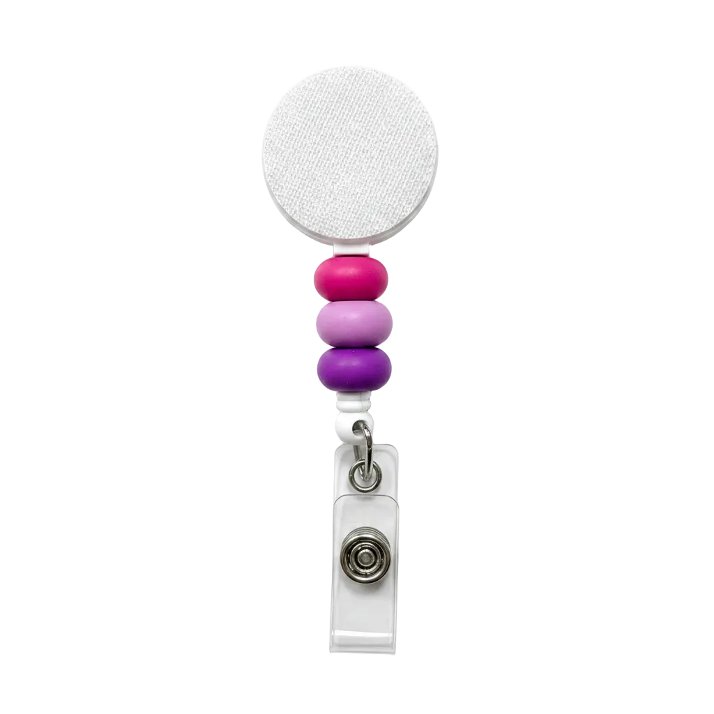 Berry Sorbet badge reel featuring bright pink, lavender, and berry purple decorative beads with a retractable badge reel design and secure badge holder attachment.
