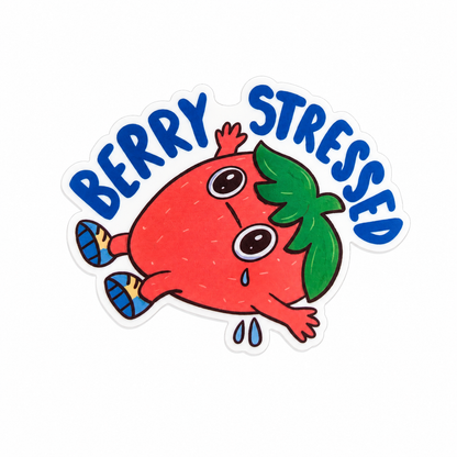 Berry Stressed plastic add-on featuring a cute stressed strawberry character, compatible with interchangeable badge reel bases, funny relatable work accessory