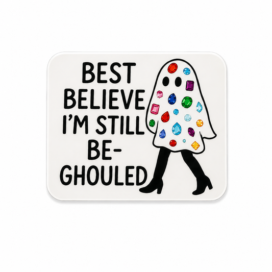 Best Believe I’m Still Be-Ghouled plastic add-on featuring a colorful gem ghost design compatible with interchangeable badge reel bases