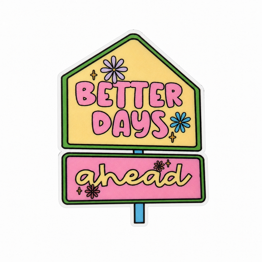 Better Days Ahead plastic add-on featuring pastel flowers and uplifting message, compatible with interchangeable badge reel bases and positive vibes accessories