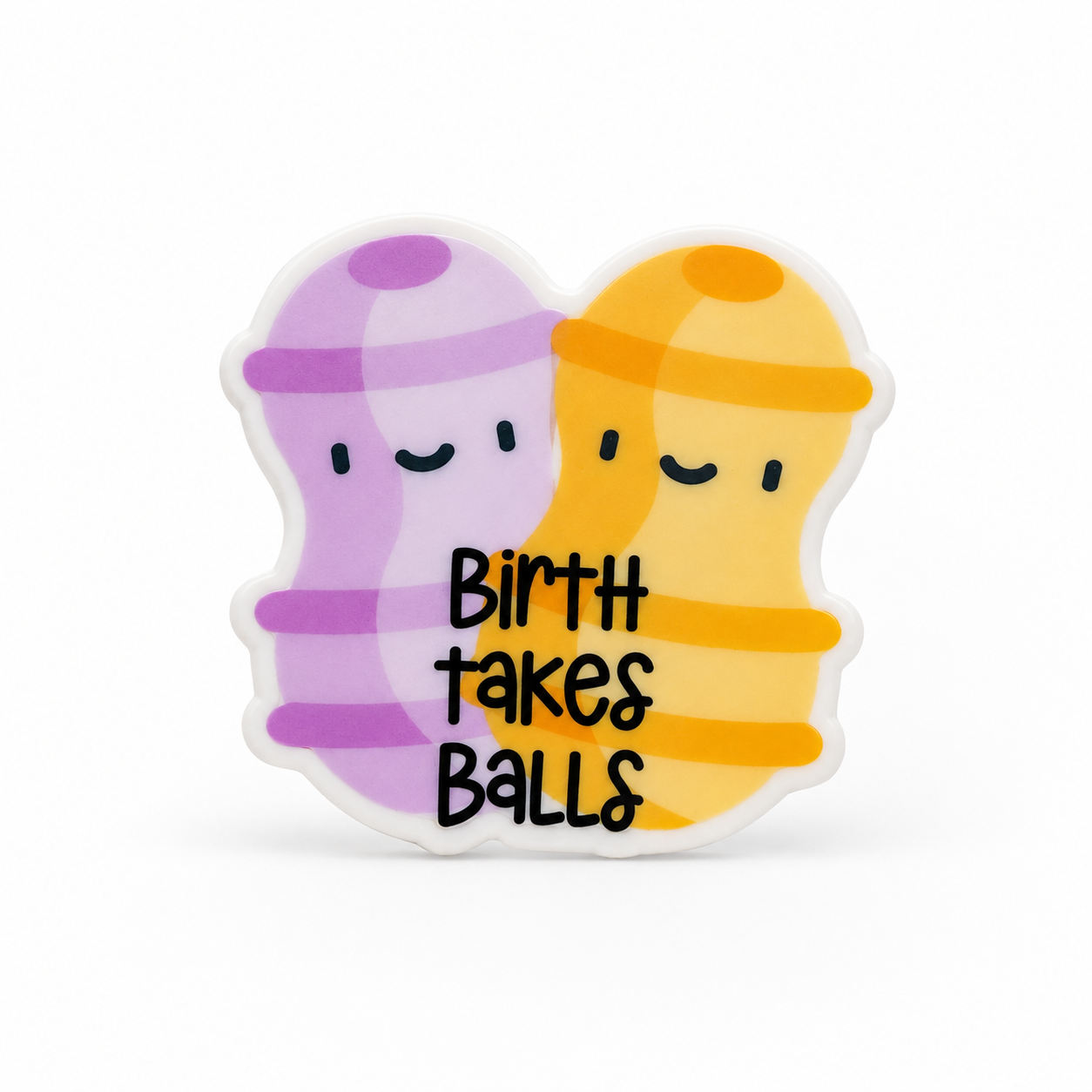 Birth Takes Balls plastic add-on with cute smiling birth ball artwork, compatible with interchangeable badge reel bases for labor and delivery nurses.