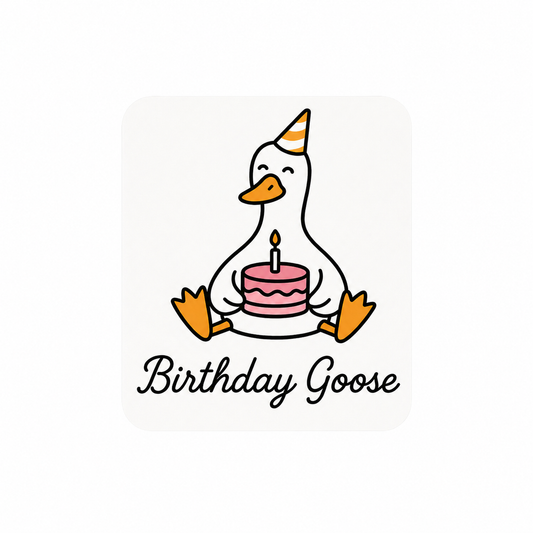 Birthday Goose plastic add-on for compatible interchangeable badge reel bases with cake and party hat