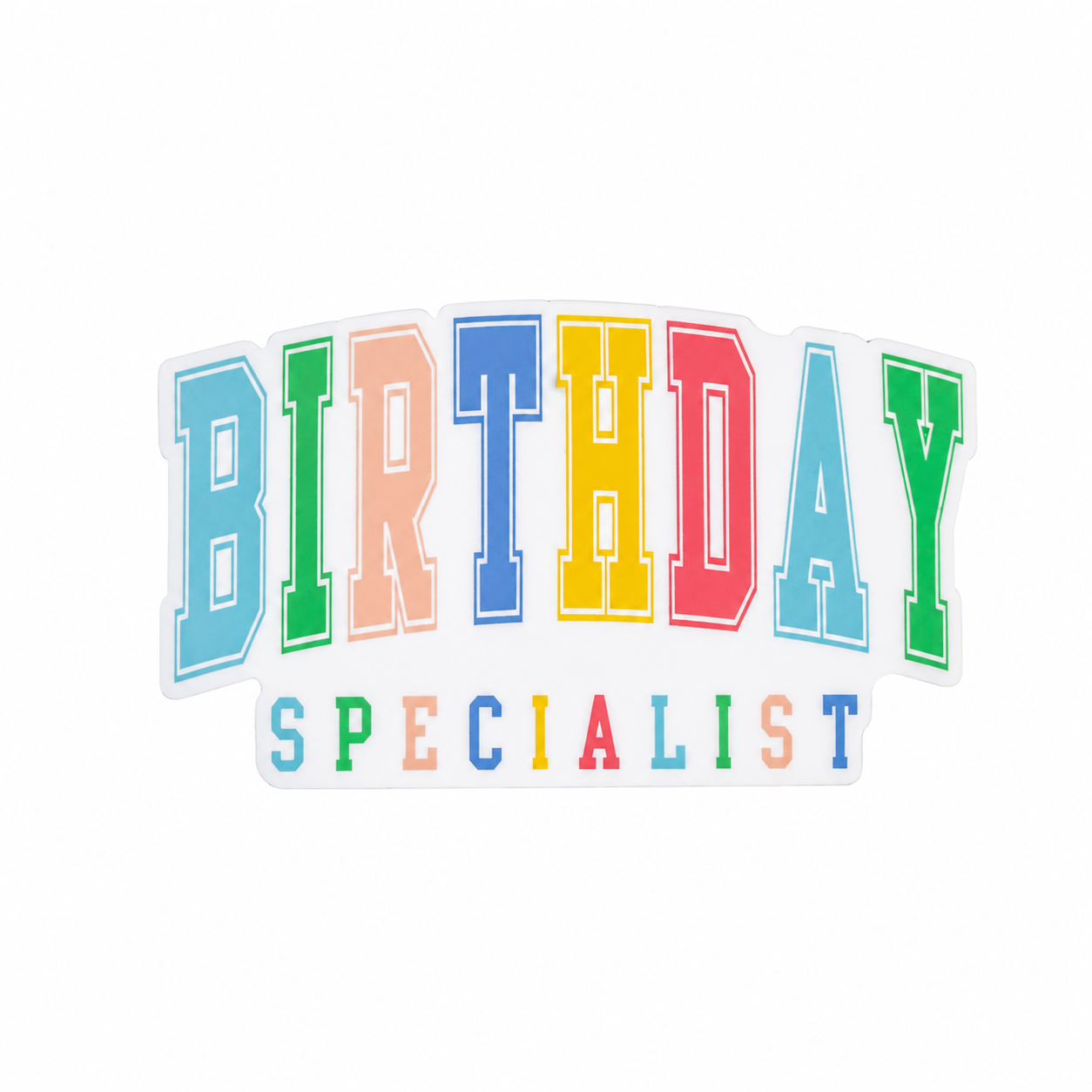 BIRTHDAY SPECIALIST plastic add-on featuring colorful pastel retro lettering, compatible with interchangeable badge reel bases and perfect for birthday lovers
