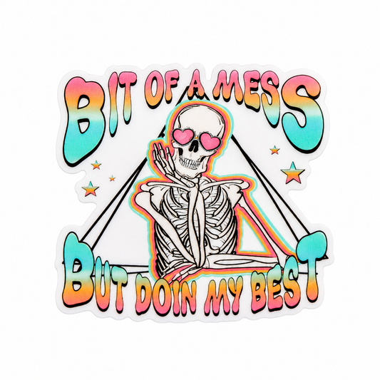 BIT OF A MESS BUT DOIN MY BEST plastic add-on with skeleton, heart sunglasses, and stars, compatible with interchangeable badge reel bases, funny skeleton work accessory.