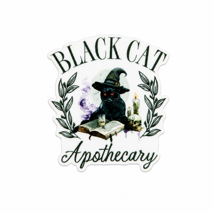 BLACK CAT Apothecary plastic add-on featuring a black cat wearing a witch hat, spell book, candles, skull, and botanical accents, compatible with interchangeable badge reel bases, gothic cat lover accessory