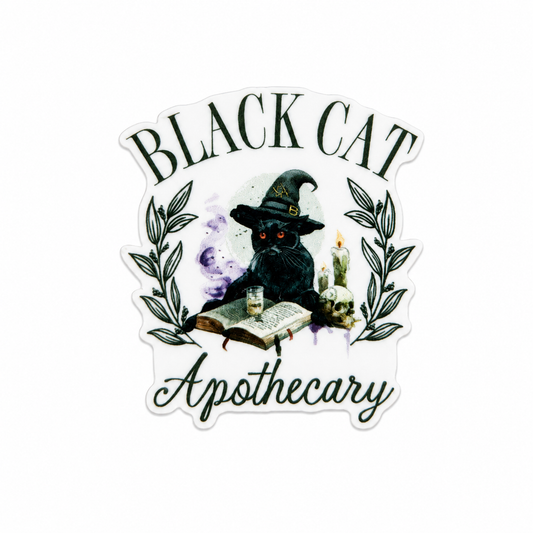 BLACK CAT Apothecary plastic add-on featuring a black cat wearing a witch hat, spell book, candles, skull, and botanical accents, compatible with interchangeable badge reel bases, gothic cat lover accessory