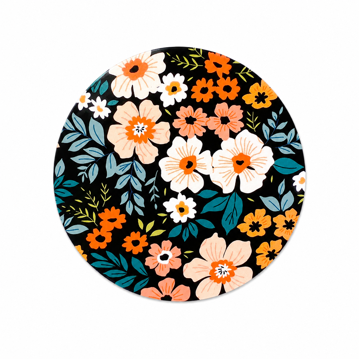 Black Floral Garden hard board add-on featuring cream, peach, orange, and white flowers with teal leaves, compatible with interchangeable badge reel bases.