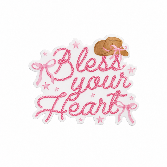 Bless your Heart plastic add-on featuring pink script lettering and a cowgirl hat, compatible with interchangeable badge reel bases and perfect for western lovers