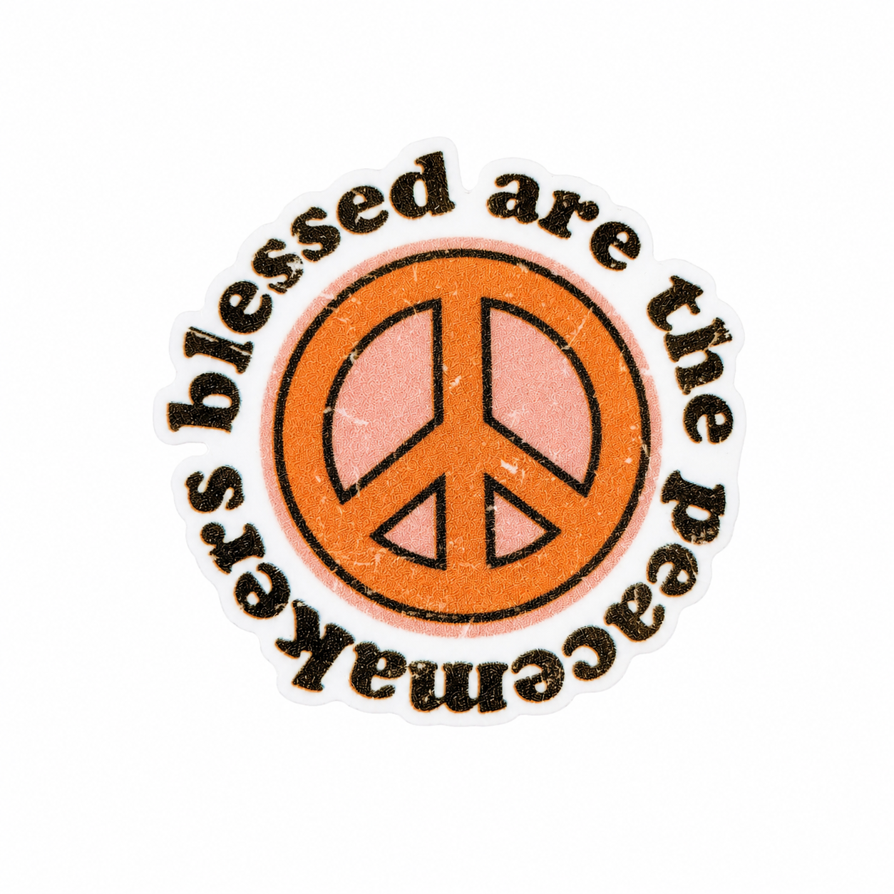 blessed are the peacemakers plastic add-on with orange peace sign and glitter-style lettering, compatible with interchangeable badge reel bases.