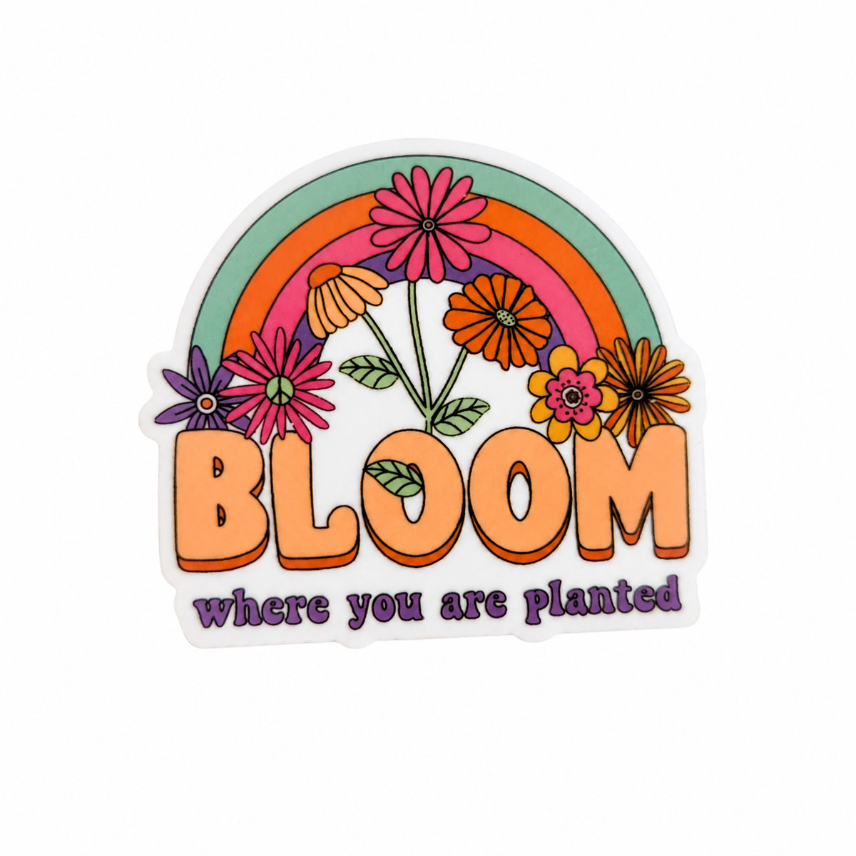 BLOOM where you are planted plastic add-on with rainbow, flowers, and leafy details, compatible with interchangeable badge reel bases.