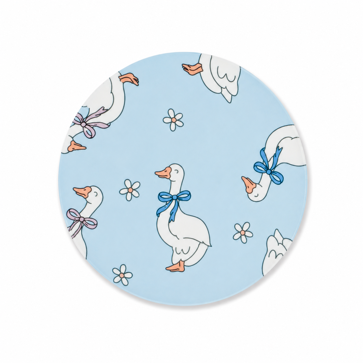 Blue bow goose hard board add-on featuring white geese, ribbon bows and daisies, compatible with interchangeable badge reel bases for goose lovers.

