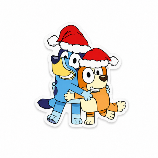 Blue Christmas besties plastic add-on featuring two festive cartoon dogs in Santa hats for compatible interchangeable badge reel bases.