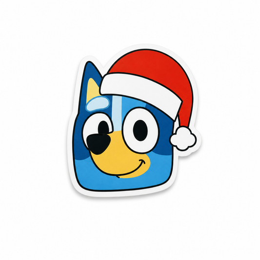 Blue Christmas dog plastic add-on featuring a festive cartoon puppy in a Santa hat for compatible interchangeable badge reel bases.
