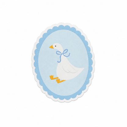 Coquette goose plastic add-on with blue bow and soft pastel oval frame, compatible with interchangeable badge reel bases