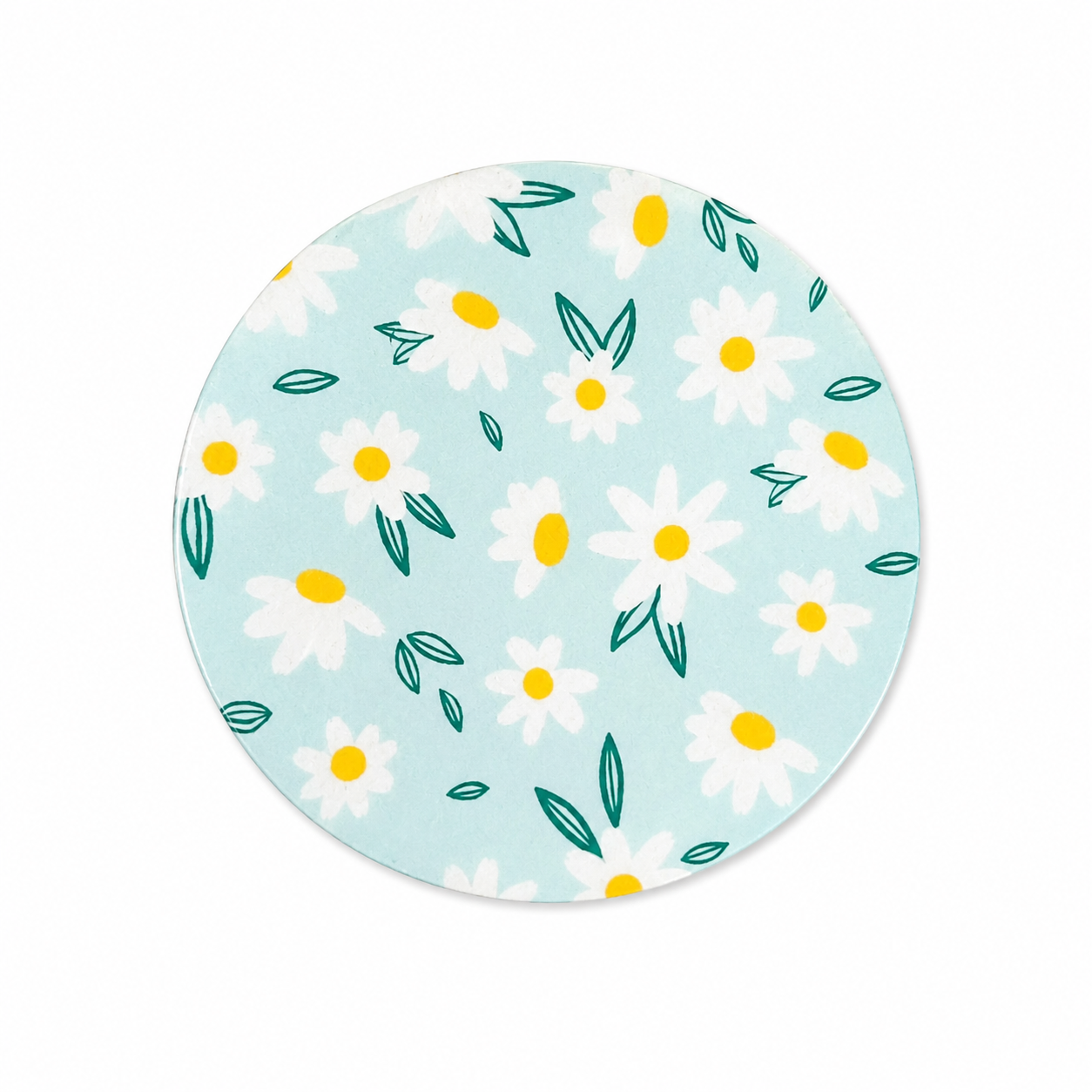 Blue Daisy Floral hard board add-on featuring white daisies with yellow centers on a soft blue background, compatible with interchangeable badge reel bases.