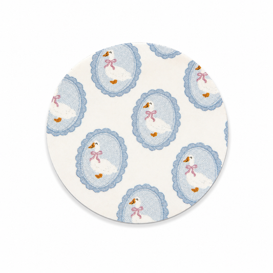 Blue goose cameo pattern hard board add-on featuring adorable white geese with pink bows, compatible with interchangeable badge reel bases, cute cottagecore animal badge topper accessory.