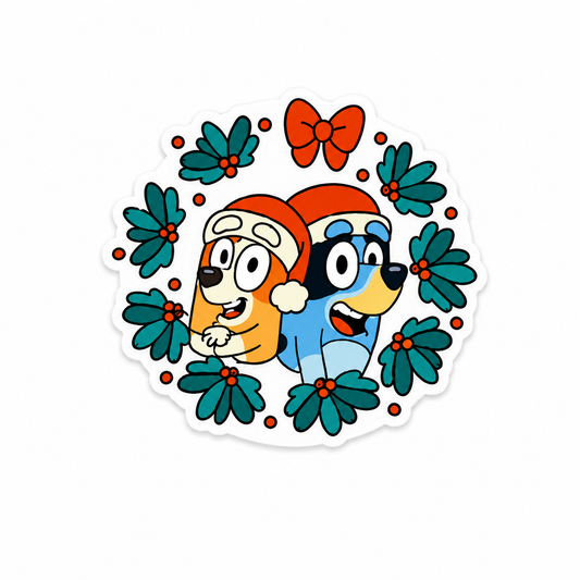 Bluey holiday besties plastic add-on featuring festive cartoon dogs with Christmas greenery for compatible interchangeable badge reel bases.
