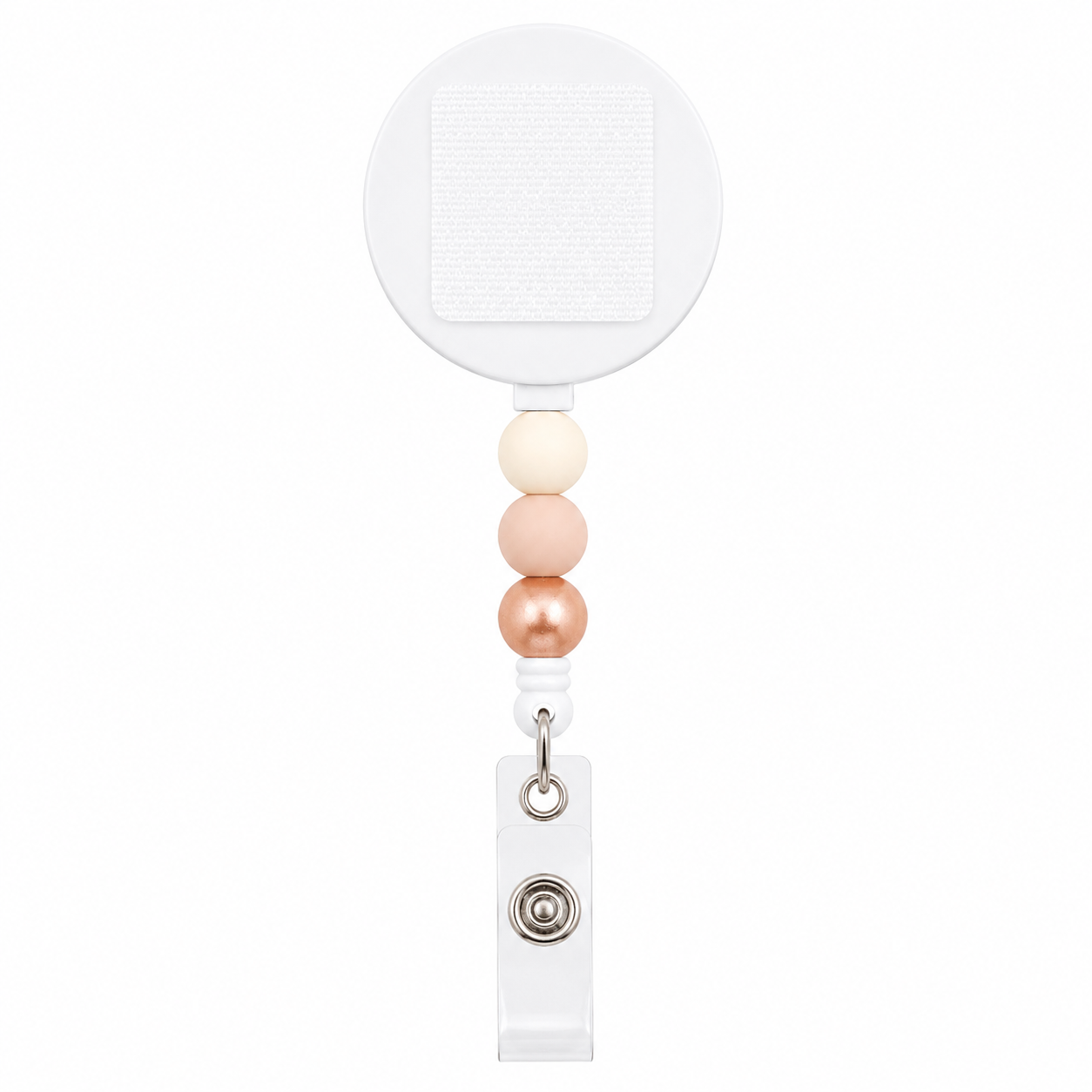 Blush Pearl badge reel featuring ivory, blush nude, and rose gold decorative beads with an interchangeable topper area on a retractable badge reel.