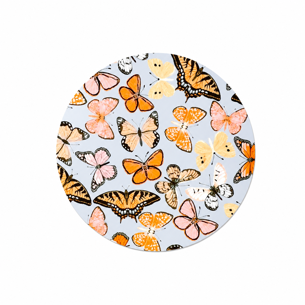 Butterfly hard board add-on featuring orange, pink, cream, and white butterflies on soft blue, compatible with interchangeable badge reel bases.
