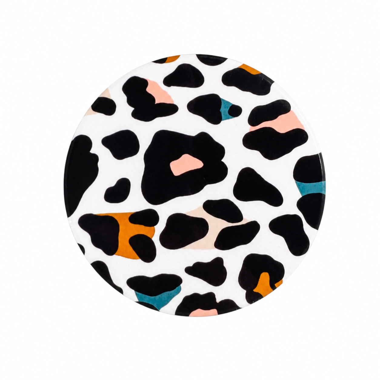 Boho Cheetah hard board add-on featuring a modern black animal print with blush, mustard, teal, and cream accents, compatible with interchangeable badge reel bases.