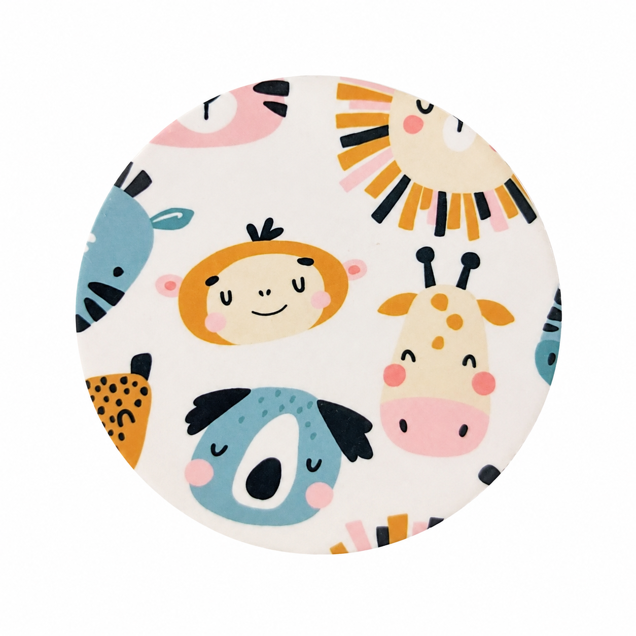 Boho Zoo Animals hard board add-on featuring cute lion, giraffe, koala, elephant, zebra, and leopard faces, compatible with interchangeable badge reel bases.