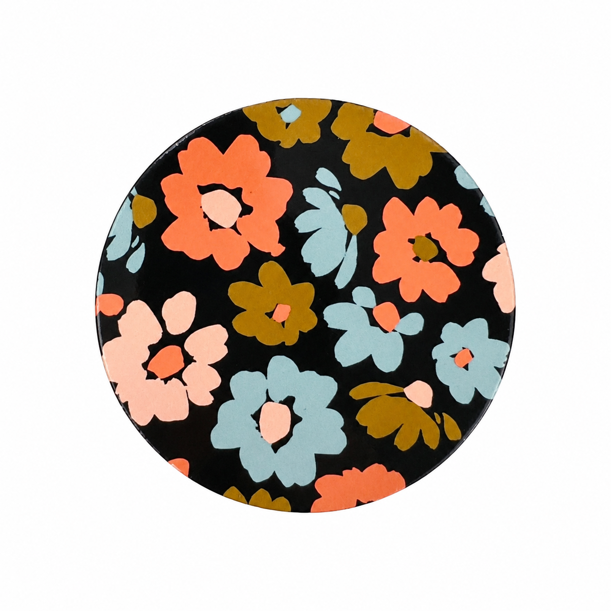 Bold Retro Floral hard board add-on featuring coral, blush, mustard, and blue flowers on a black background, compatible with interchangeable badge reel bases.
