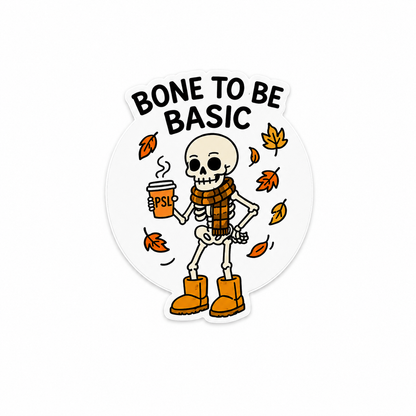 Bone to Be Basic skeleton plastic add-on with pumpkin spice drink and autumn leaves for compatible interchangeable badge reel bases