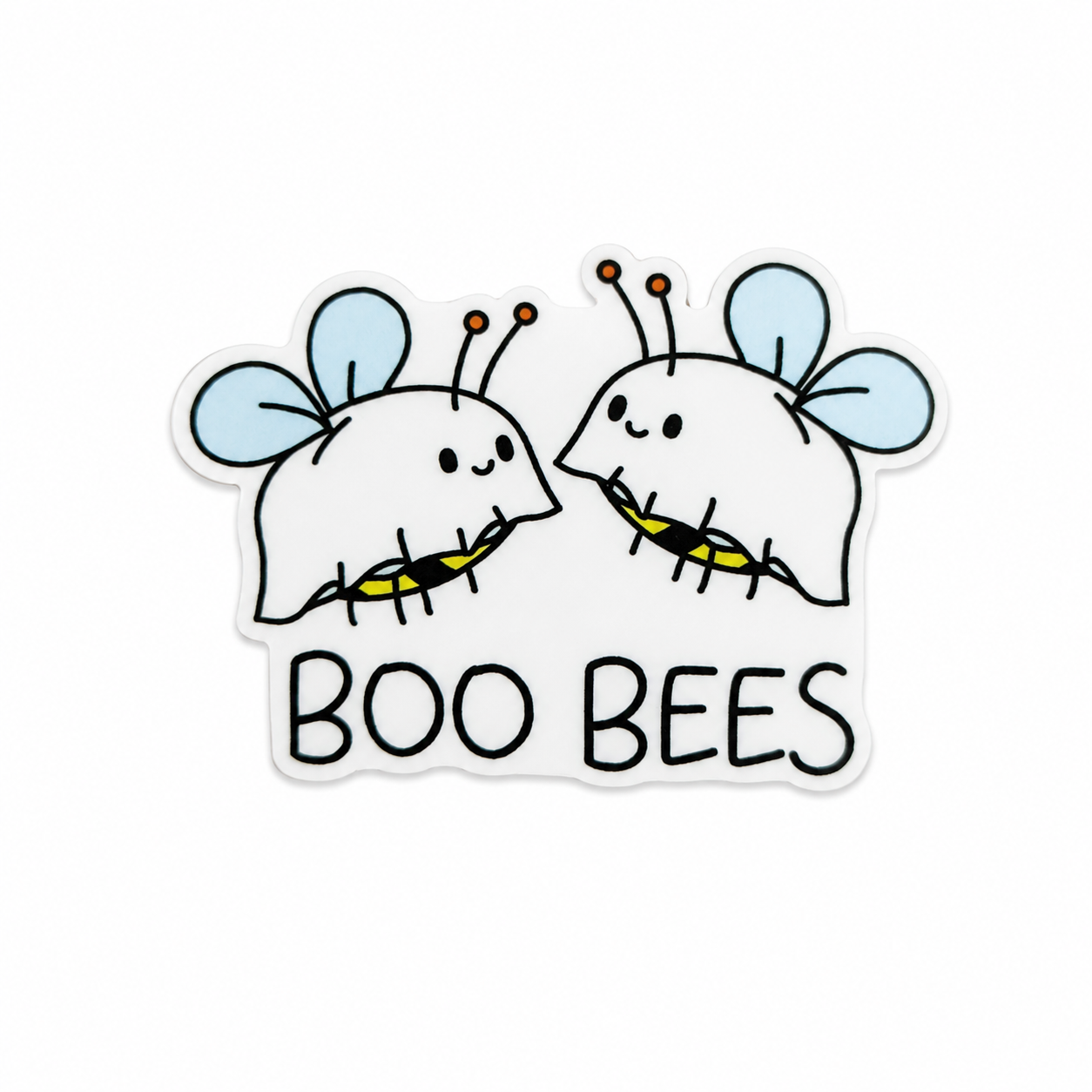 BOO BEES plastic add-on featuring two ghost bees with blue wings compatible with interchangeable badge reel bases, cute Halloween bee accessory