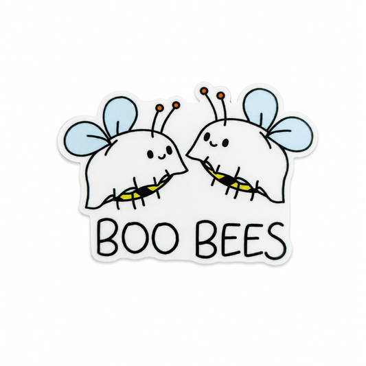 BOO BEES plastic add-on featuring two ghost bees with blue wings compatible with interchangeable badge reel bases, cute Halloween bee accessory