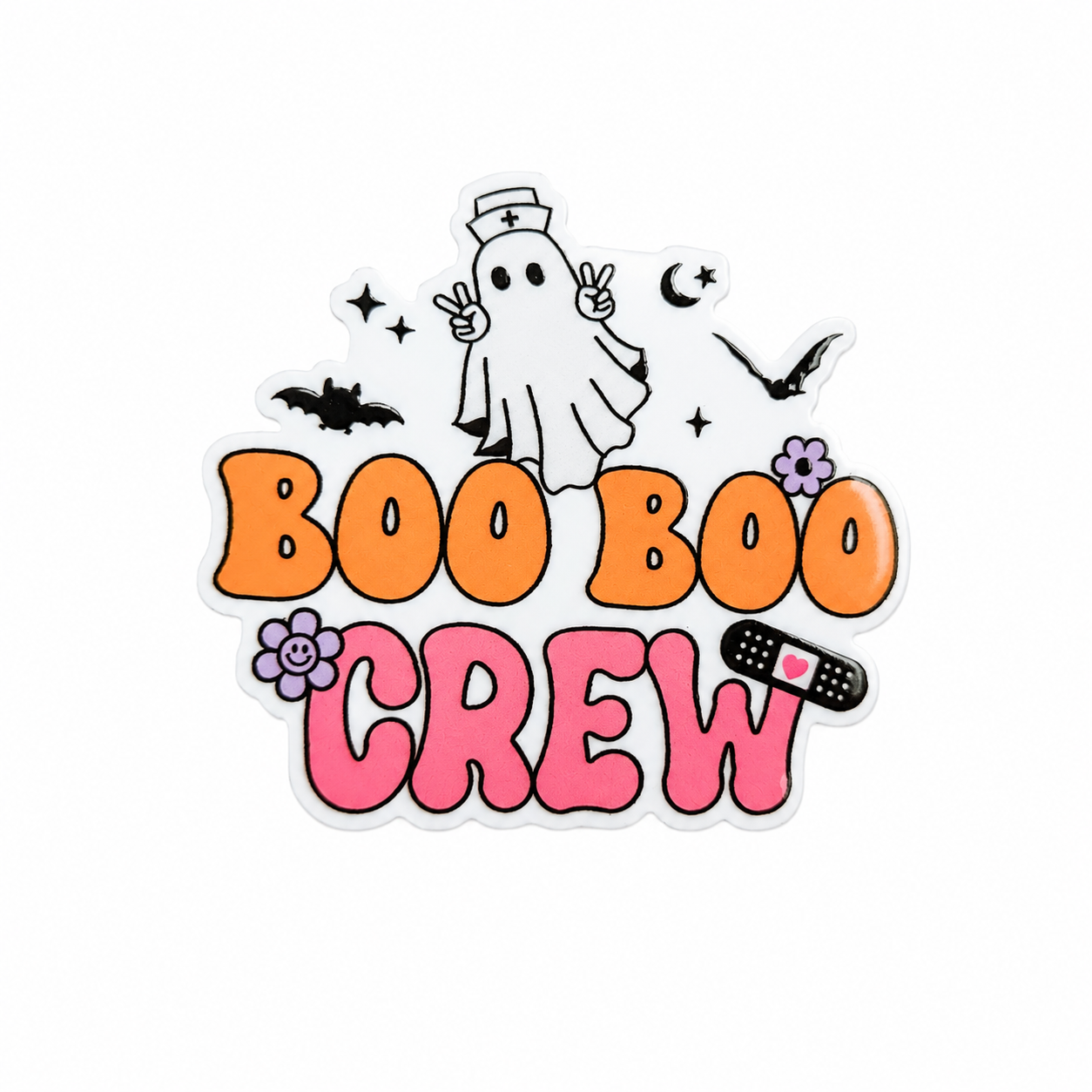 BOO BOO CREW plastic add-on with ghost nurse, bats, flowers, and bandage detail, compatible with interchangeable badge reel bases, Halloween nurse badge accessory.