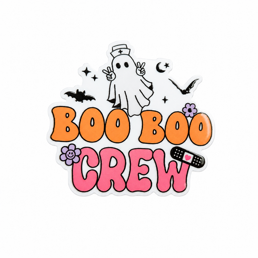 BOO BOO CREW plastic add-on with ghost nurse, bats, flowers, and bandage detail, compatible with interchangeable badge reel bases, Halloween nurse badge accessory.