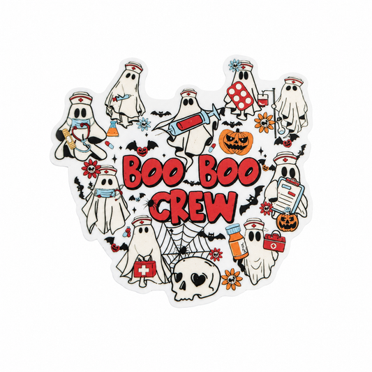 Boo Boo Crew plastic add-on featuring ghost nurses, medical supplies, pumpkins, bats, and Halloween-themed artwork, compatible with interchangeable badge reel bases.