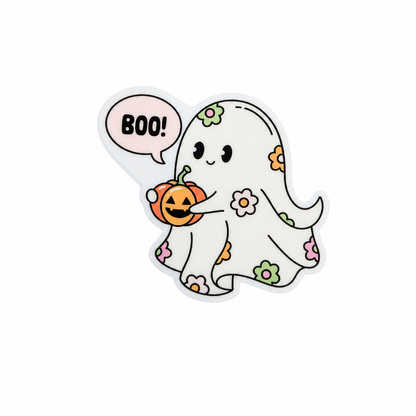 BOO! plastic add-on featuring a smiling ghost decorated with flowers and holding a jack-o'-lantern pumpkin, compatible with interchangeable badge reel bases, cute Halloween accessory