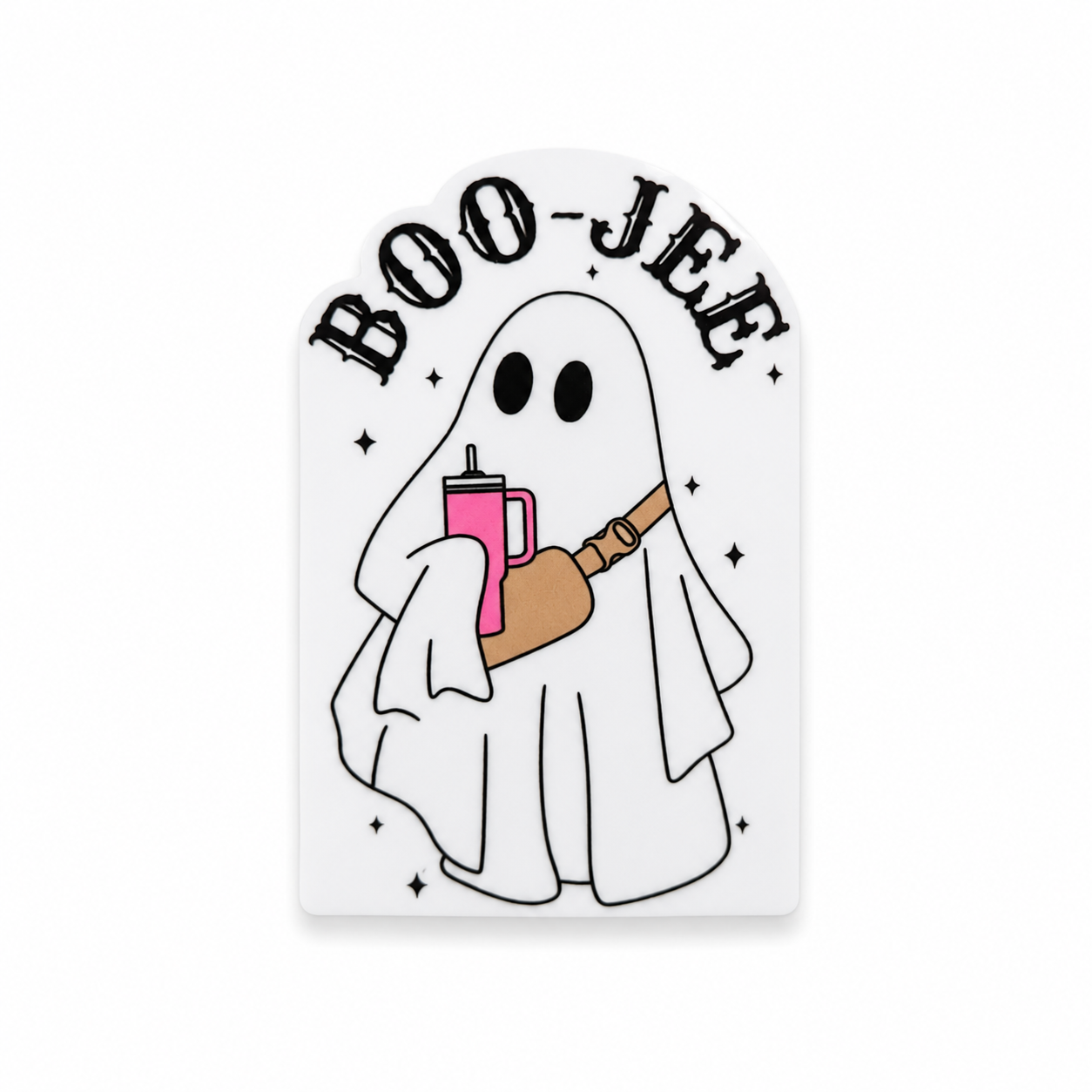 Boo-Jee plastic add-on with a cute ghost holding a pink drink and brown bag, compatible with interchangeable badge reel bases