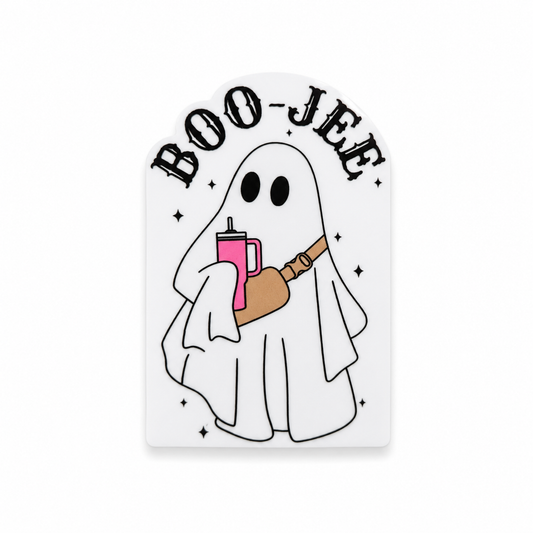 Boo-Jee plastic add-on with a cute ghost holding a pink drink and brown bag, compatible with interchangeable badge reel bases