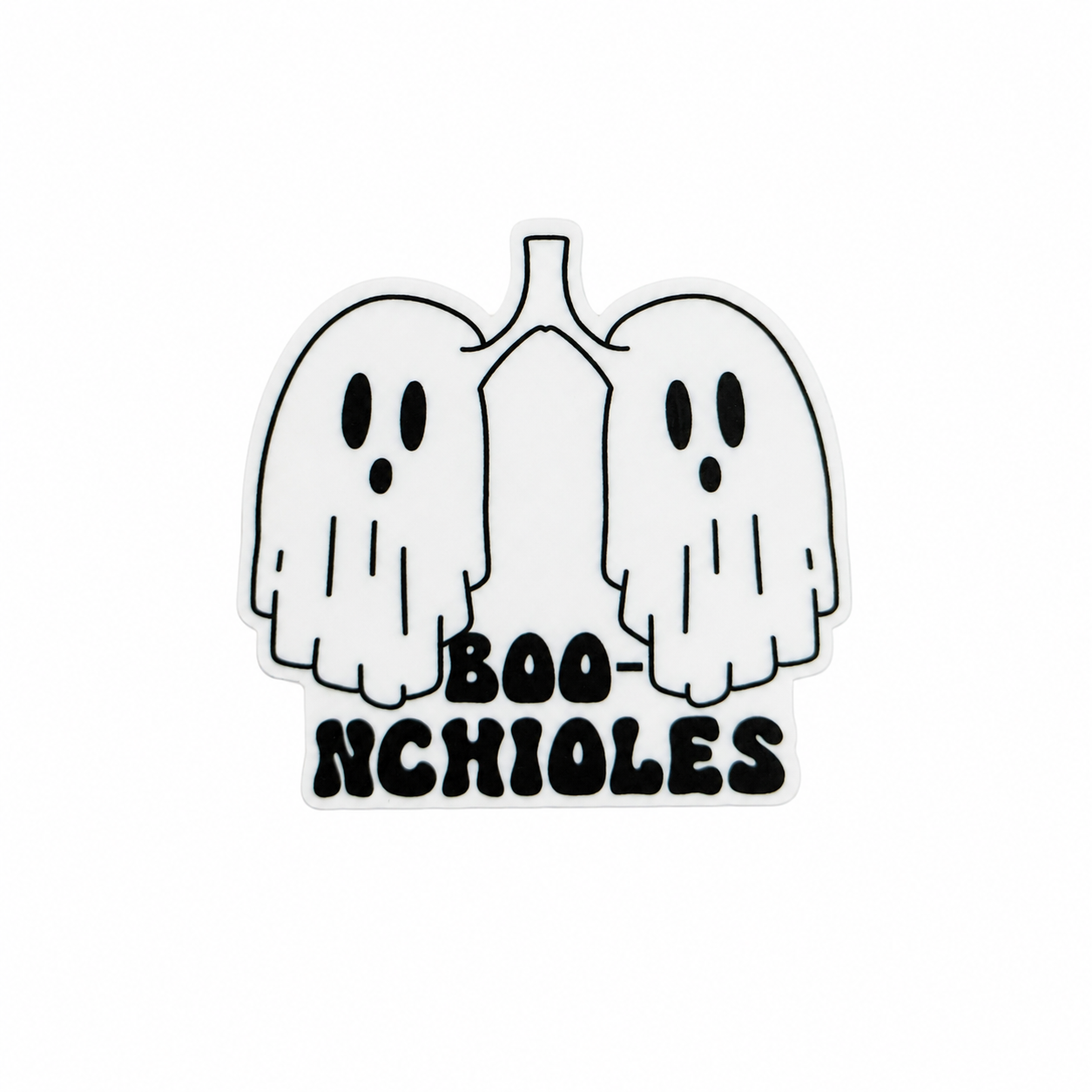 BOO-NCHIOLES plastic add-on featuring ghost bronchioles and a respiratory Halloween theme, compatible with interchangeable badge reel bases and perfect for respiratory therapists.