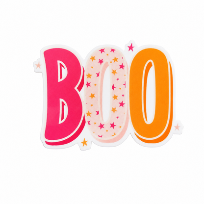 BOO plastic add-on with pink and orange lettering and star details, compatible with interchangeable badge reel bases for cute Halloween ghost accessory style.