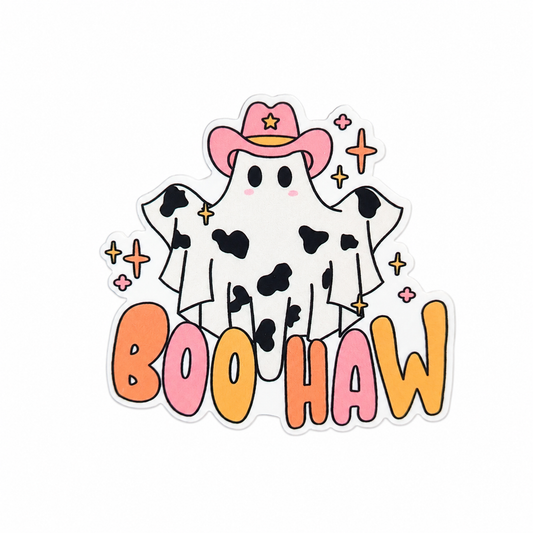 BOOHAW plastic add-on featuring a cow-print ghost wearing a pink cowboy hat, compatible with interchangeable badge reel bases and perfect for western Halloween lovers