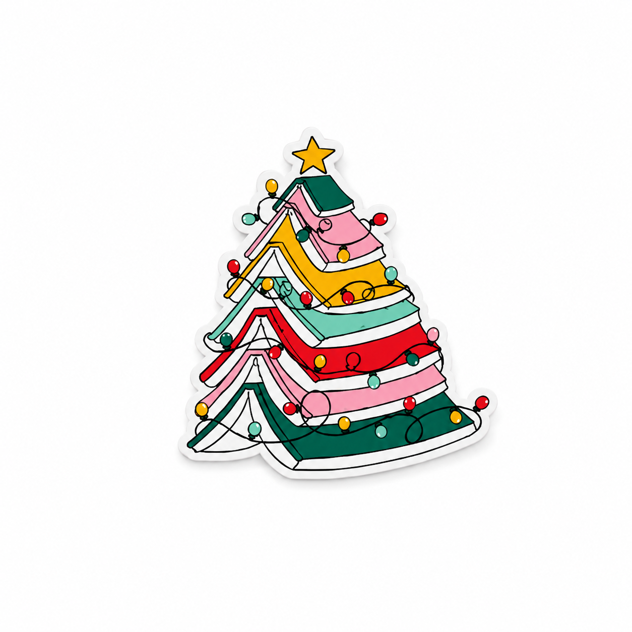Pastel Christmas book tree plastic add-on with colorful holiday lights compatible with interchangeable badge reel bases