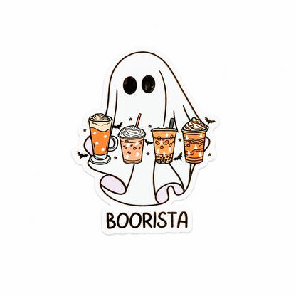 BOORISTA plastic add-on with ghost holding coffee drinks, compatible with interchangeable badge reel bases.