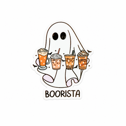 BOORISTA plastic add-on with ghost holding coffee drinks, compatible with interchangeable badge reel bases.