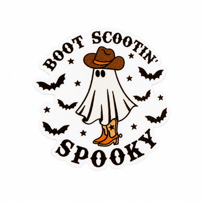 BOOT SCOOTIN’ SPOOKY plastic add-on with ghost wearing cowboy hat and boots, black bats, and stars, compatible with interchangeable badge reel bases.