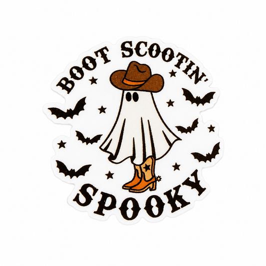 BOOT SCOOTIN’ SPOOKY plastic add-on with ghost wearing cowboy hat and boots, black bats, and stars, compatible with interchangeable badge reel bases.