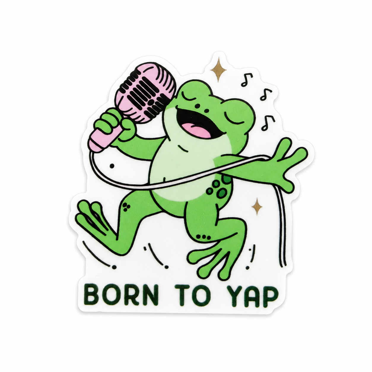Born To Yap plastic add-on featuring a singing frog holding a microphone, compatible with interchangeable badge reel bases and perfect as a funny healthcare worker accessory and cute badge topper