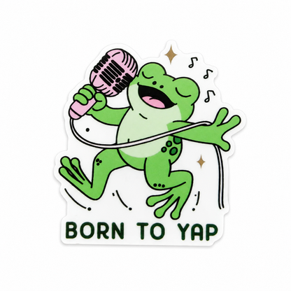 Born To Yap plastic add-on featuring a singing frog holding a microphone, compatible with interchangeable badge reel bases and perfect as a funny healthcare worker accessory and cute badge topper