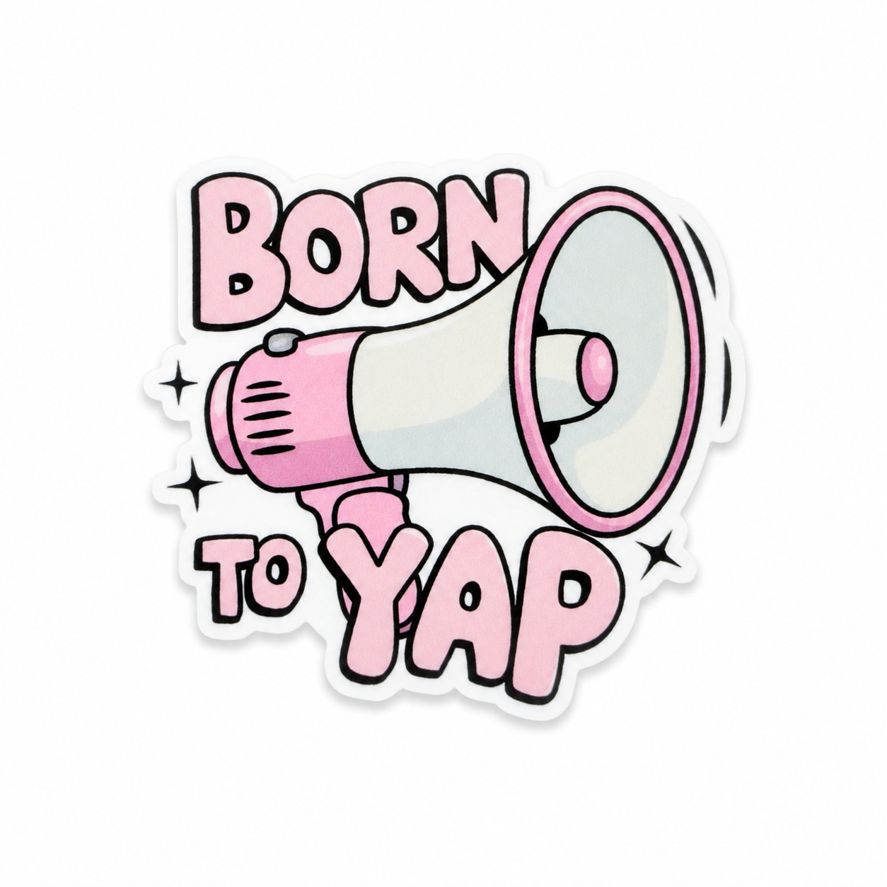 Plastic add-on featuring a pink megaphone and the phrase "BORN TO YAP," compatible with interchangeable badge reel bases and perfect for talkative personalities and funny work accessories.