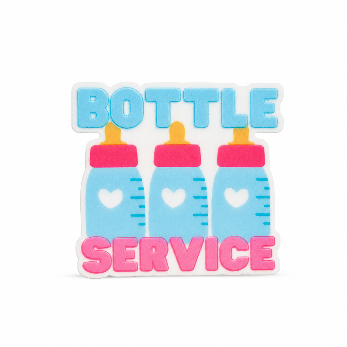 BOTTLE SERVICE plastic add-on with three blue baby bottles, pink caps, and white hearts, compatible with interchangeable badge reel bases for NICU nurses.