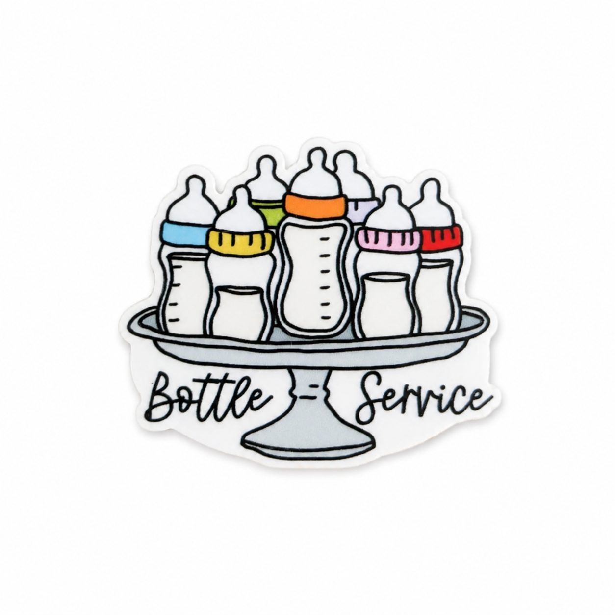 Bottle Service plastic add-on featuring baby bottles on a serving tray, compatible with interchangeable badge reel bases and ideal for NICU, Labor & Delivery, and Mother Baby nurses.