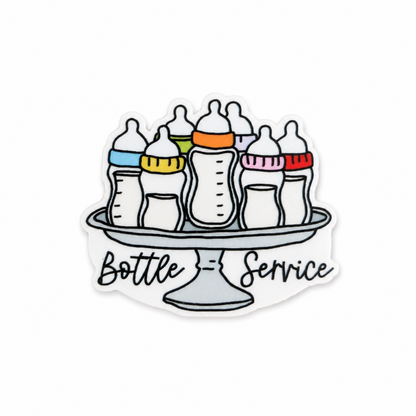 Bottle Service plastic add-on featuring baby bottles on a serving tray, compatible with interchangeable badge reel bases and ideal for NICU, Labor & Delivery, and Mother Baby nurses.